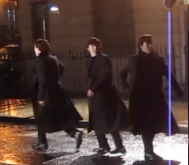 Famous Belstaff water-repellent Sherlock coat worn by Benedict Cumberbatch during a rainy April shoot, 2013